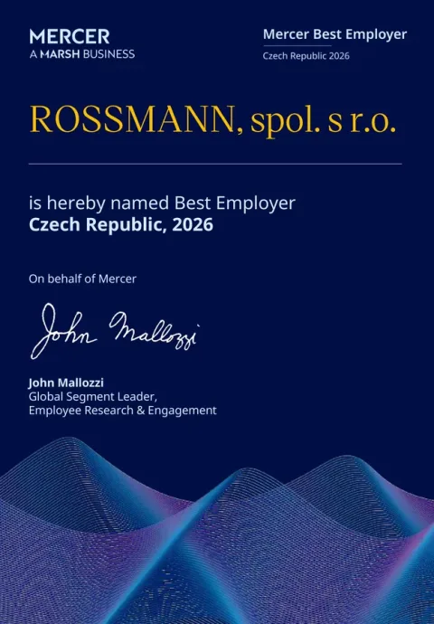 ROSSMANN obhájil titul Mercer Best Employer Czech Republic 2026. Tři ze čtyř zaměstnanců jsou motivováni podávat nadstandardní výkon.